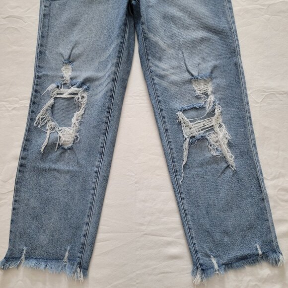 SO High Rise Baggy Straight Jeans Distressed Ripped Raw Hem Medium Wash Denim 5 - Picture 5 of 13